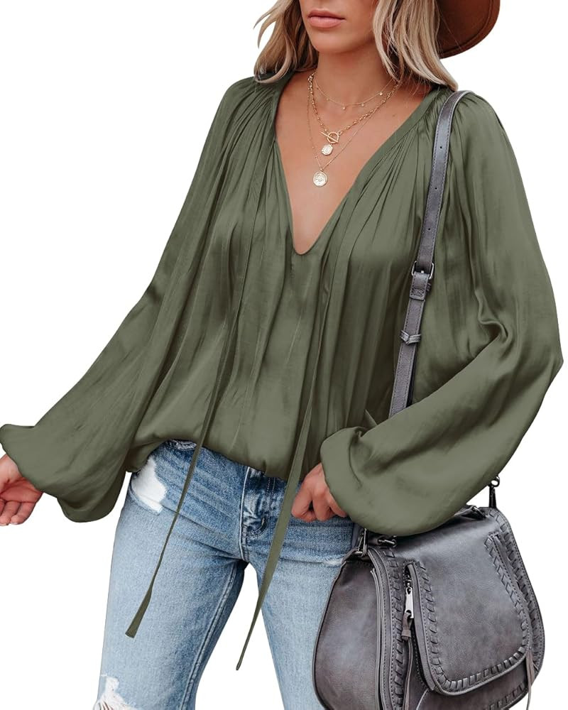 LAMISSCHE Womens Sexy Deep V Neck Blouse Lantern Long Sleeve Chiffon Shirt Oversized Drawstring S... | Amazon (US)