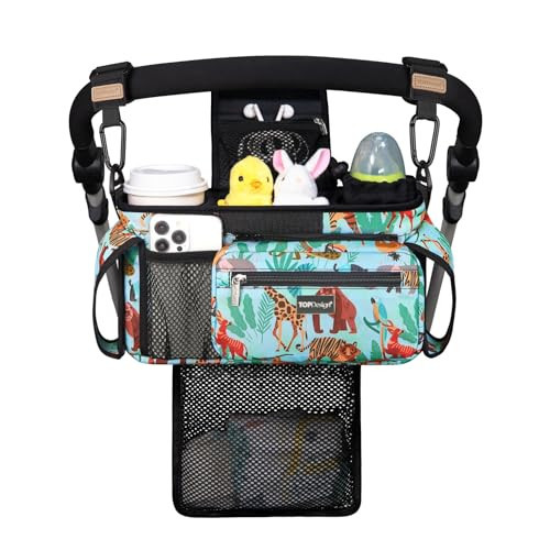 TOPDesign Universal Baby Stroller Organizer, Stroller Caddy with Detachable Mesh Bag & Heightened Insulated Cup Holders & Non-Slip Secure Hooks Accessories, Fits Most Strollers (Tropical Rainforest) | Amazon (US)