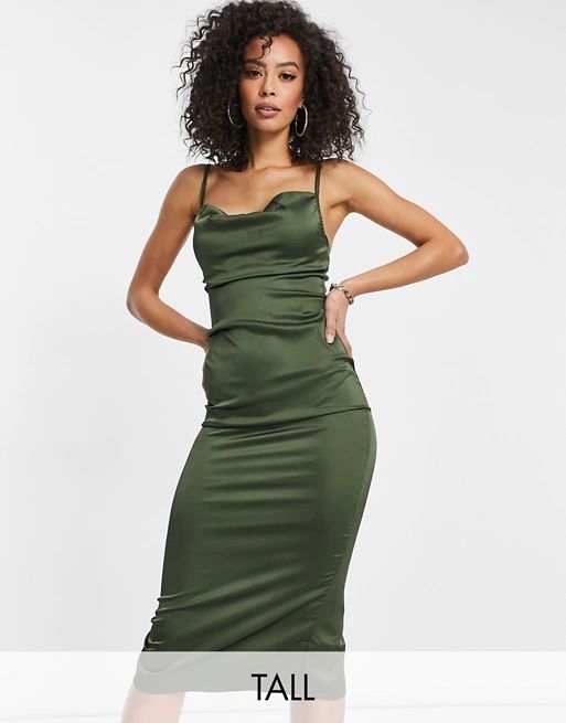 Parisian Tall satin cami strap midi dress with cowl neck in olive | ASOS (Global)