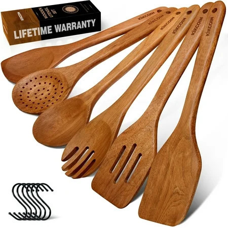 Kikcoin Wooden Cooking Utensil Set, 12 Pcs Acacia Wood Spoons for Cooking, Kitchen Utensils Set for Nonstick Pots, 6 Hooks Included, Heat Resistant | Walmart (US)