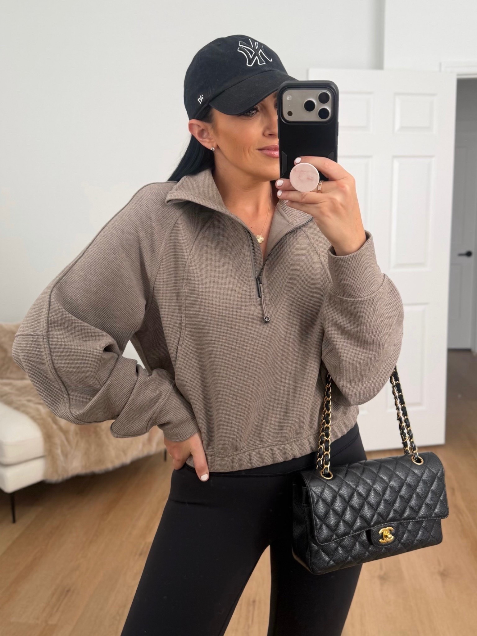 Scuba Cropped Funnel-Neck Half Zip
Waffle wearing size medium. Wunder Train High-Rise Tight 25" wearing size 6. 

