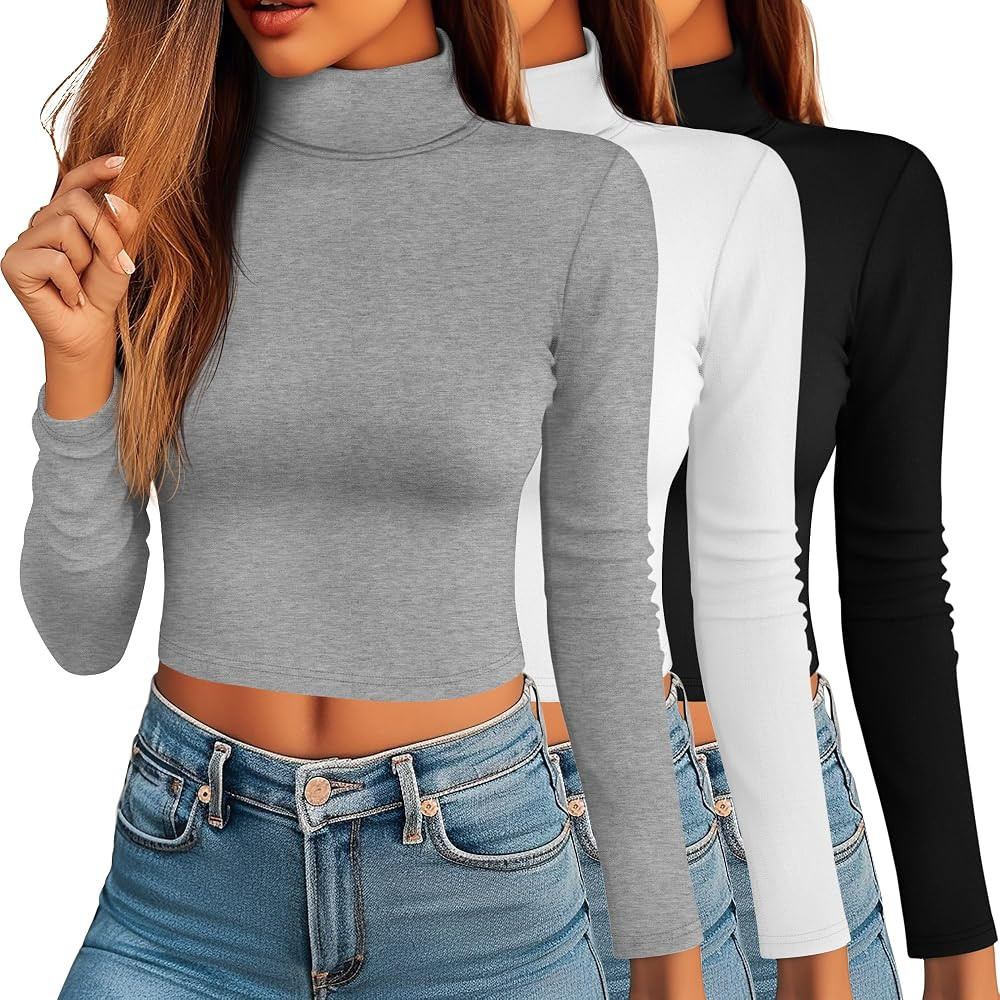 Riyiper 3 Pack Women's Mock Turtleneck Crop Tops, Long Sleeve Slim Fit Shirts Thermal Pullover Ba... | Amazon (US)