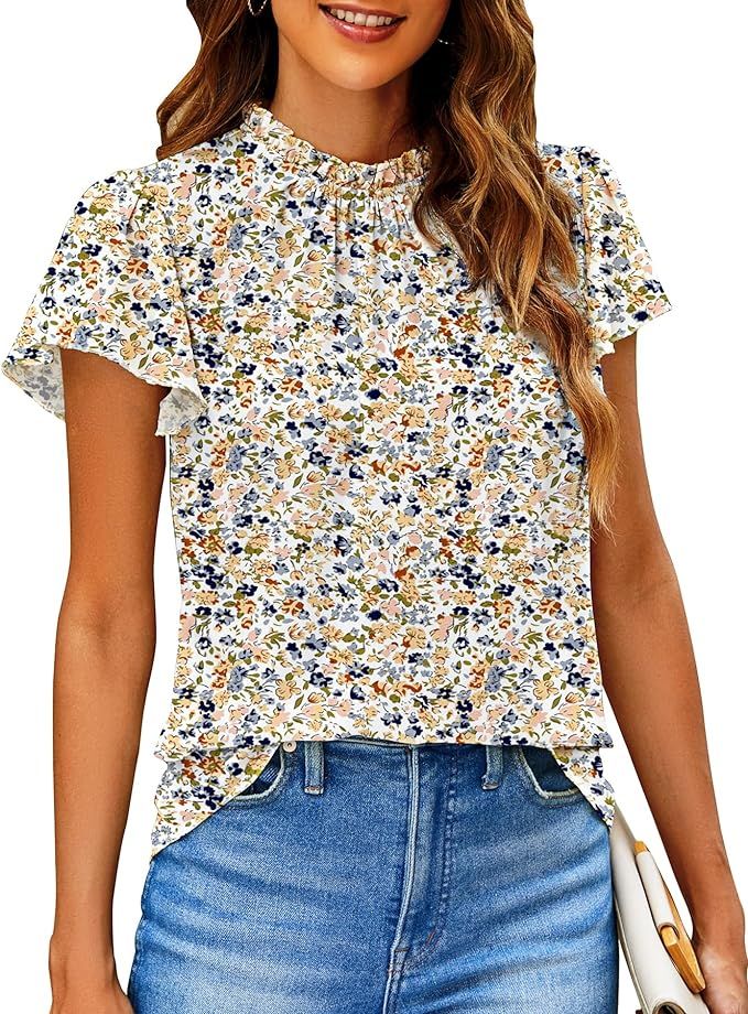 SimpleFun Women Boho Shirts Floral Ruffle Short Sleeve Mock Neck Flowy Casual Summer Blouses Tops | Amazon (US)