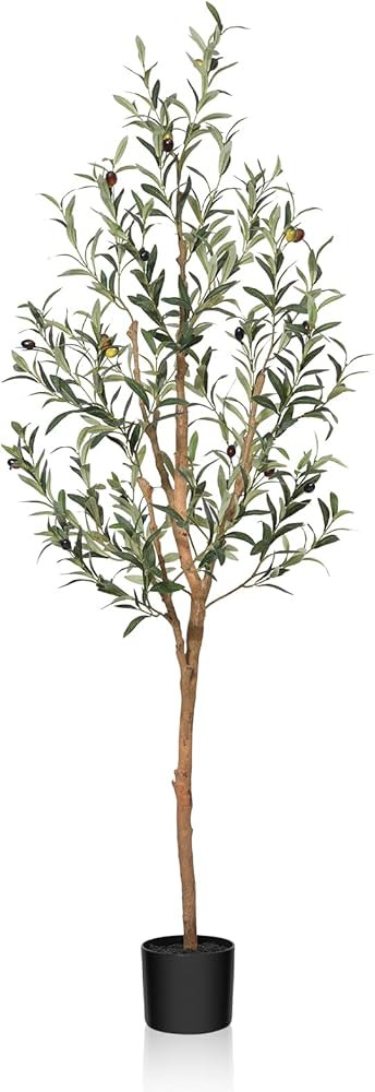 Artificial Olive Tree, 5FT Tall Faux Silk Plant with Natural Wood Trunk and Lifelike Fruits for H... | Amazon (US)
