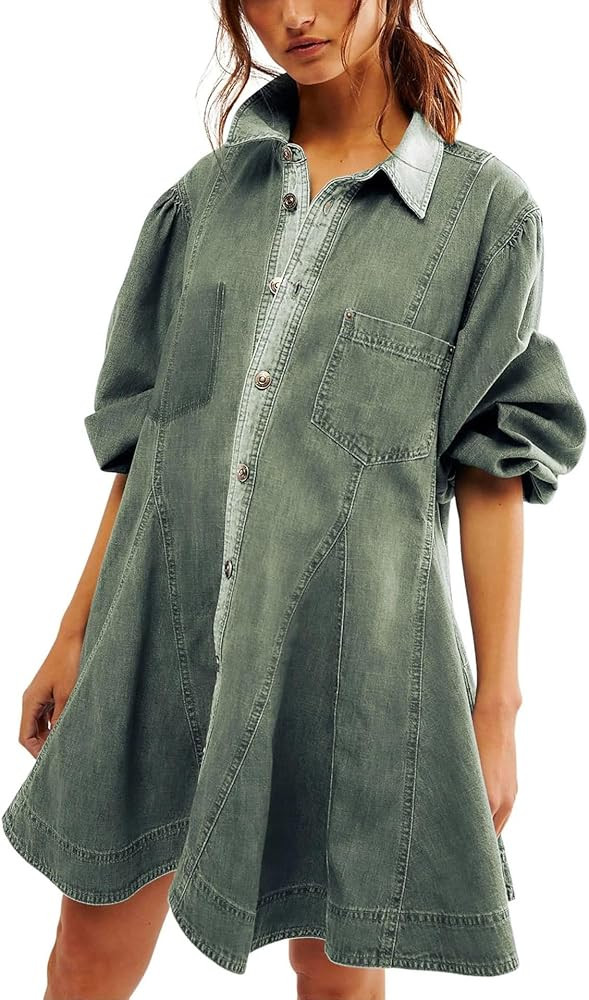 utcoco Womens Long Sleeve Button Down Denim Dress A Line Swing Ruffle Midi Jean Dress with Pocket... | Amazon (US)