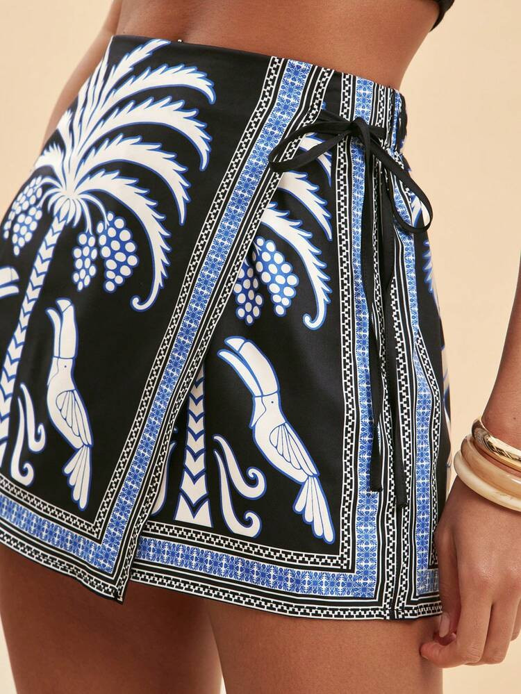 Travachic Falda Pantalón Con Estampado Tropical Y Lazo Para Mujer, Ideal Para El Verano, La Playa Y Las Vacaciones | SHEIN