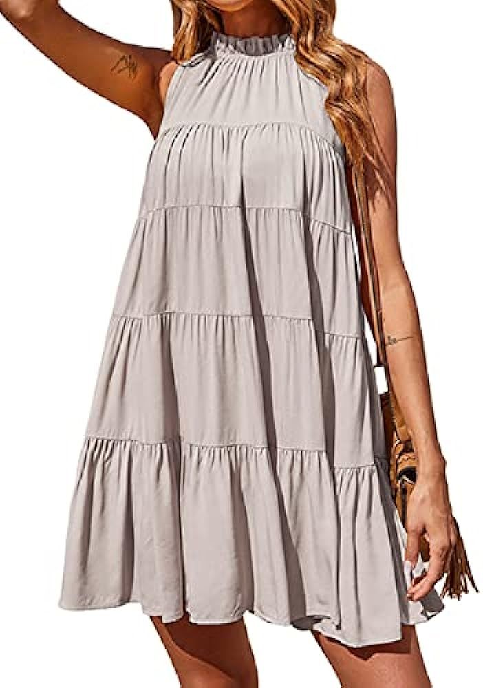 Okiwam Women's Summer Casual Sleeveless Halter Dress Ruffle Tiered Flowy Short Dress Loose Swing Ple | Amazon (US)