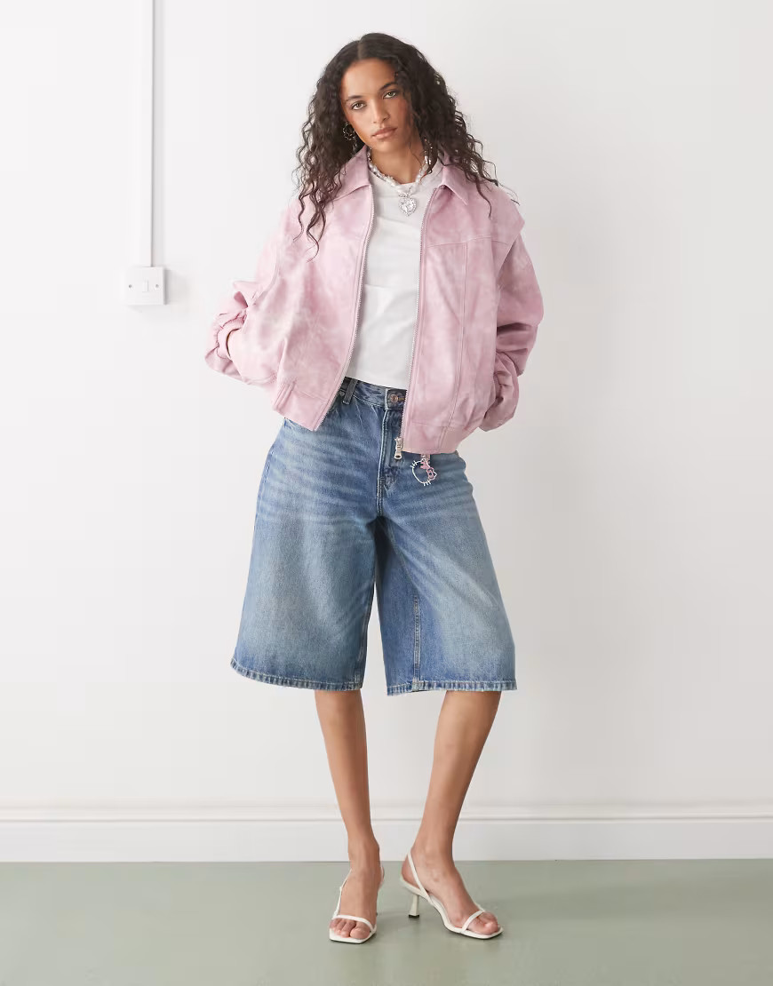 Lioness exclusive Vista leather look contrast stitch bomber jacket in pink | ASOS (Global)