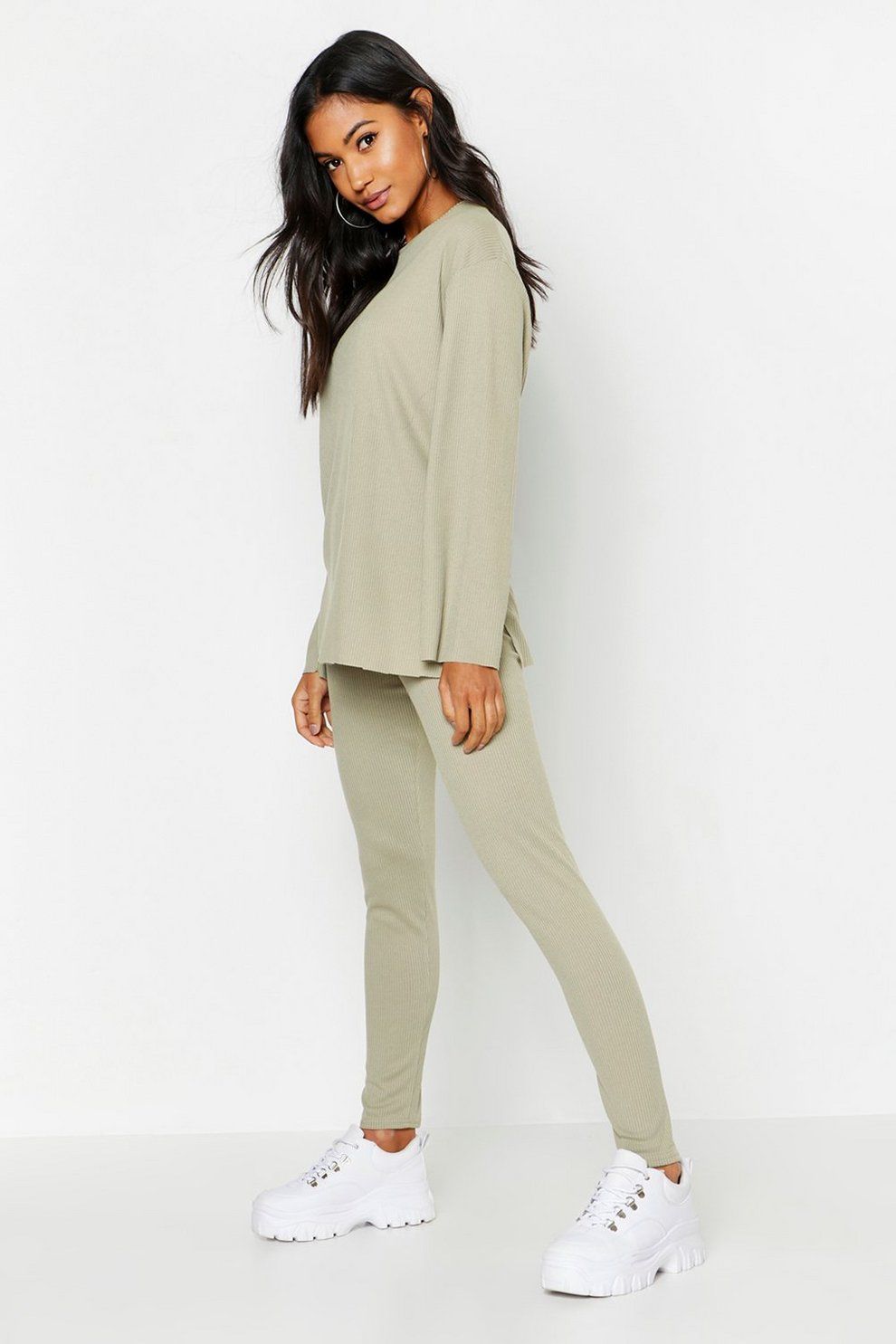 Ribbed Crew Neck Split Lounge Set | Boohoo.com (US & CA)