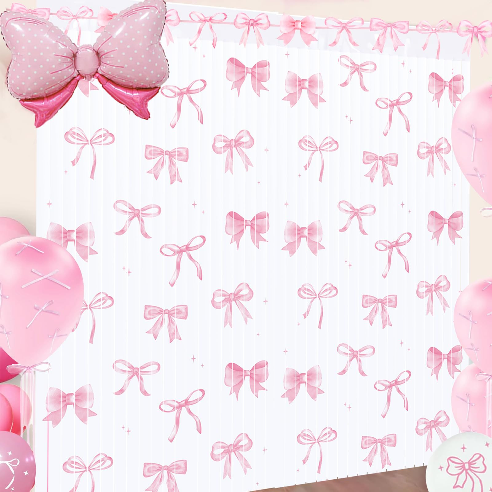 Pink Bow Tinsel Foil Fringe Curtains Photo Booth Backdrop for Pink Coquette Birthday Party Decora... | Amazon (US)