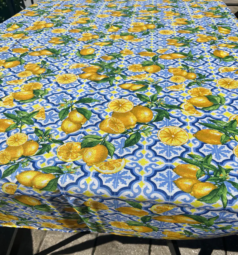 Lemon Tablecloth | Italian Tablecloths | Blue Majolica Tiles Fabric | Large Rectangle Tablecloth ... | Etsy (US)