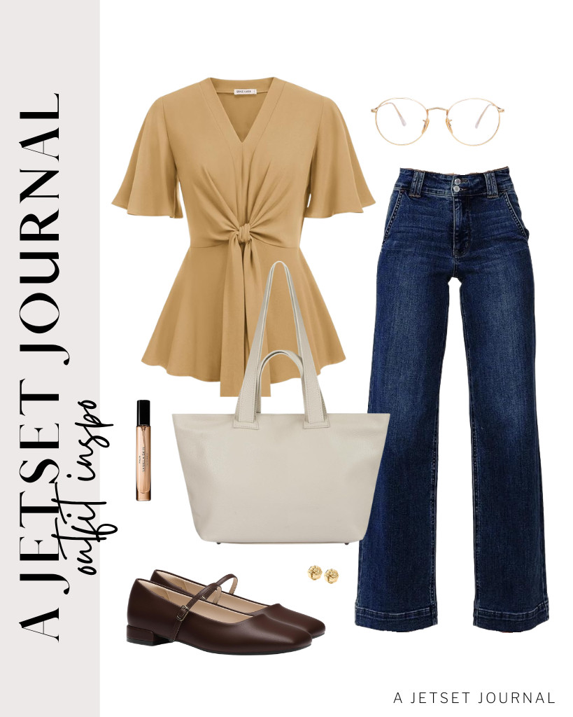 For an apricot GRACE KARIN V-neck peplum shirt and Astylish wide-leg jeans, these DREAM PAIRS square-toe Mary Jane ballet flats are perfect! You can also use this leather tote bag and SOJOS sunnies to match this fit! 

 #LTKSeasonal #LTKSaleAlert #LTKTravel