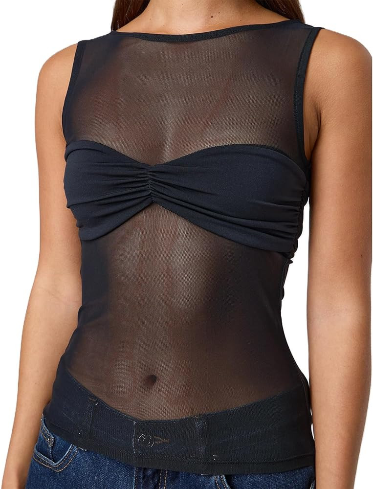 Giraropa Sheer Mesh Top for Women Summer Sleeveless Crew Neck Slim Fit Tank Tops Sexy See Through... | Amazon (US)