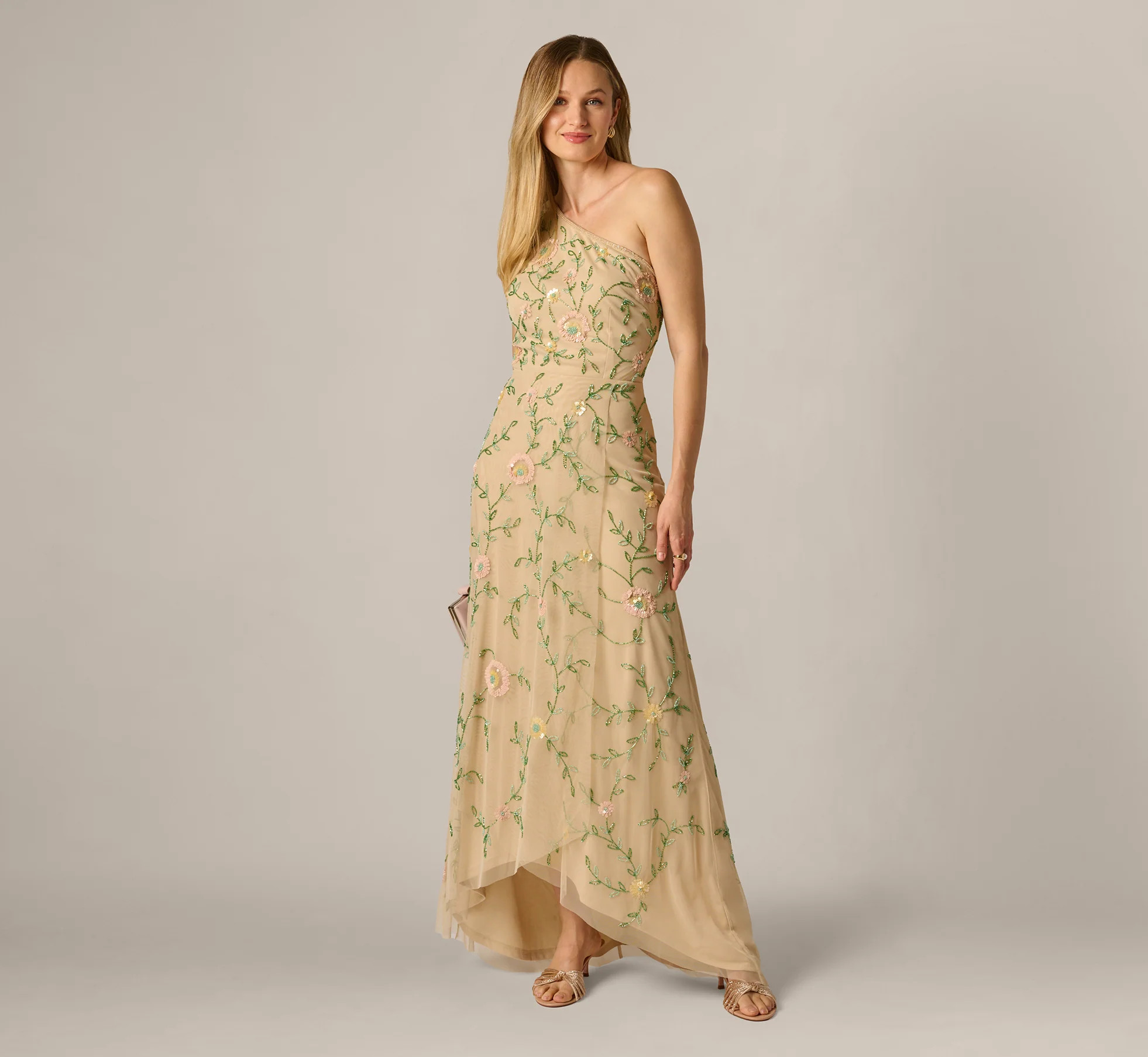 One Shoulder Floral Vine Beaded High Low Gown In Light Champagne | Adrianna Papell