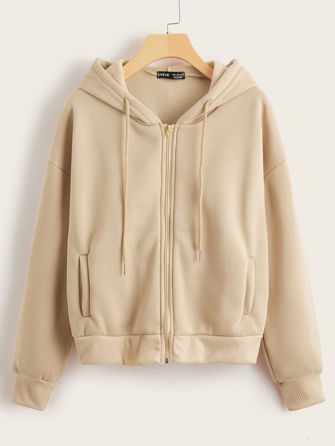 Drop Shoulder Zip Up Thermal Drawstring Hoodie | SHEIN