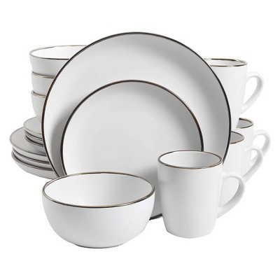 Gibson Home Rockaway Round Stoneware Coupe Edged Dinnerware Set, Service for 4 with Dinner Plates, Dessert Plate, Bowls, & Mugs, White w/ Metallic Rim | Target