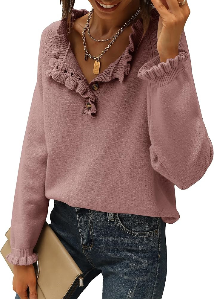 BTFBM 2024 Womens Sweaters Fall Winter Outfits Long Sleeve Button Down Ruffle Crew Neck Casual Kn... | Amazon (US)