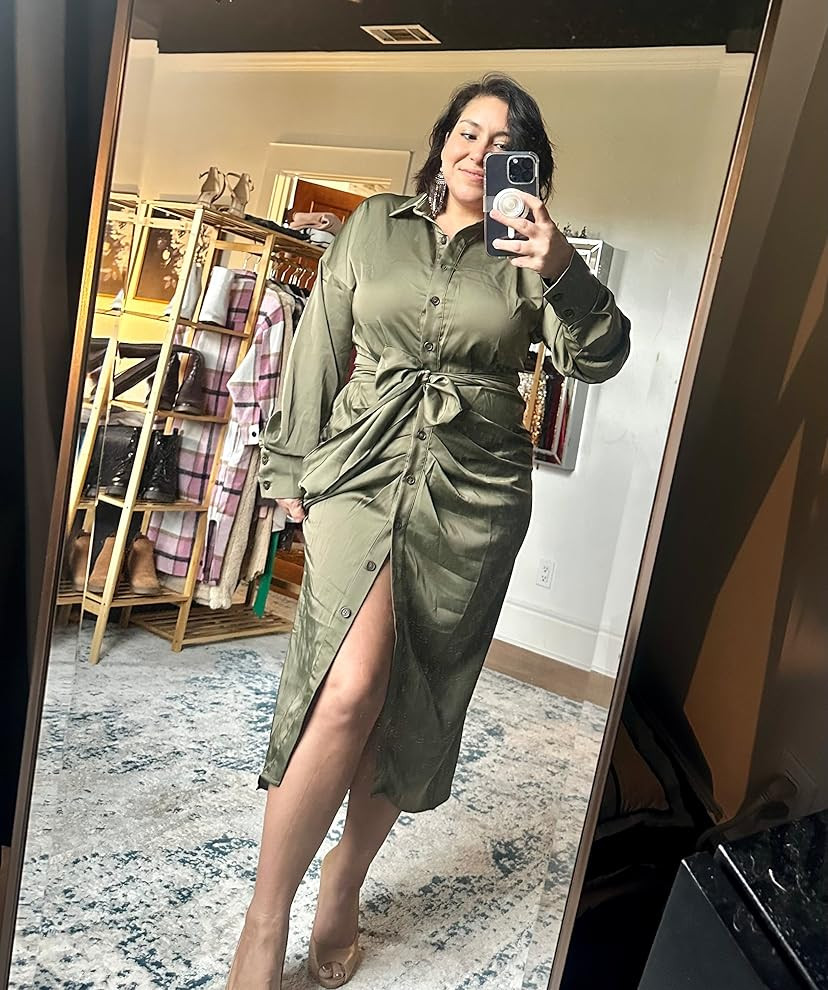 BTFBM Women 2023 Long Sleeve Lapel V Neck Button Down Satin Dress Belted Elegant Ruched Spring Summe | Amazon (US)