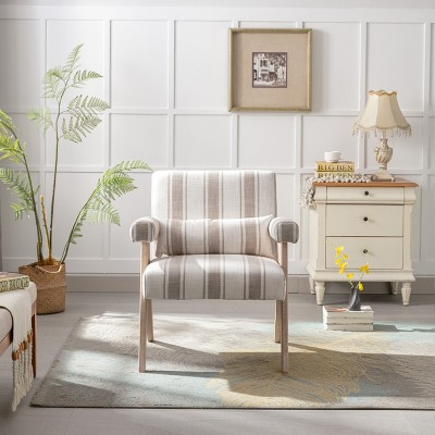 Gray And White Stripe Armchair Upholstered Accent Chair Lounge Reading Chair With Lumbar Pillow And Kd Rubber Wood Legs-The Pop Home | Target