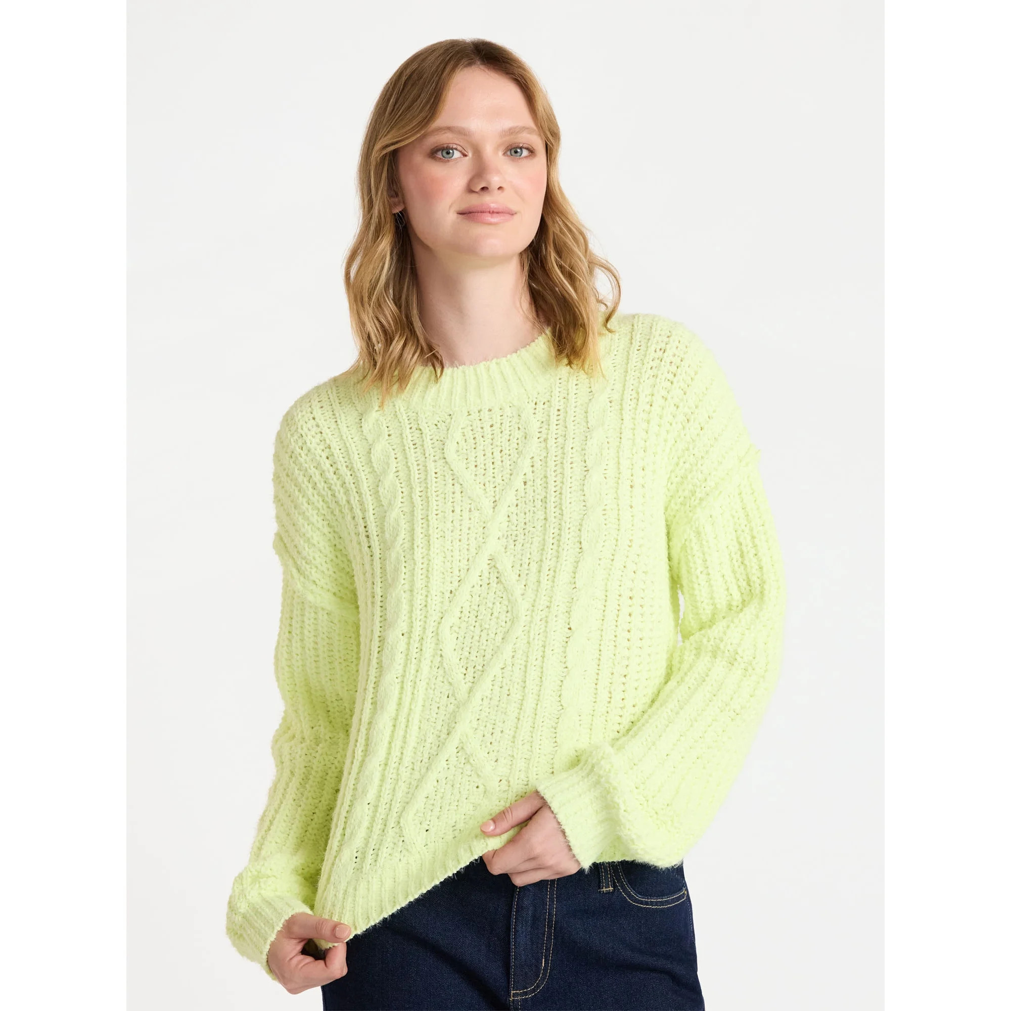 No Boundaries Cable Knit Sweater, Midweight, Women's | Walmart (US)