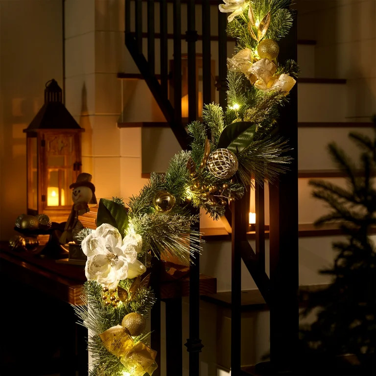 Valery Madelyn 6 ft Pre-Lit Christmas Garland White Gold Lighted Garland with Gold Bows & White F... | Walmart (US)