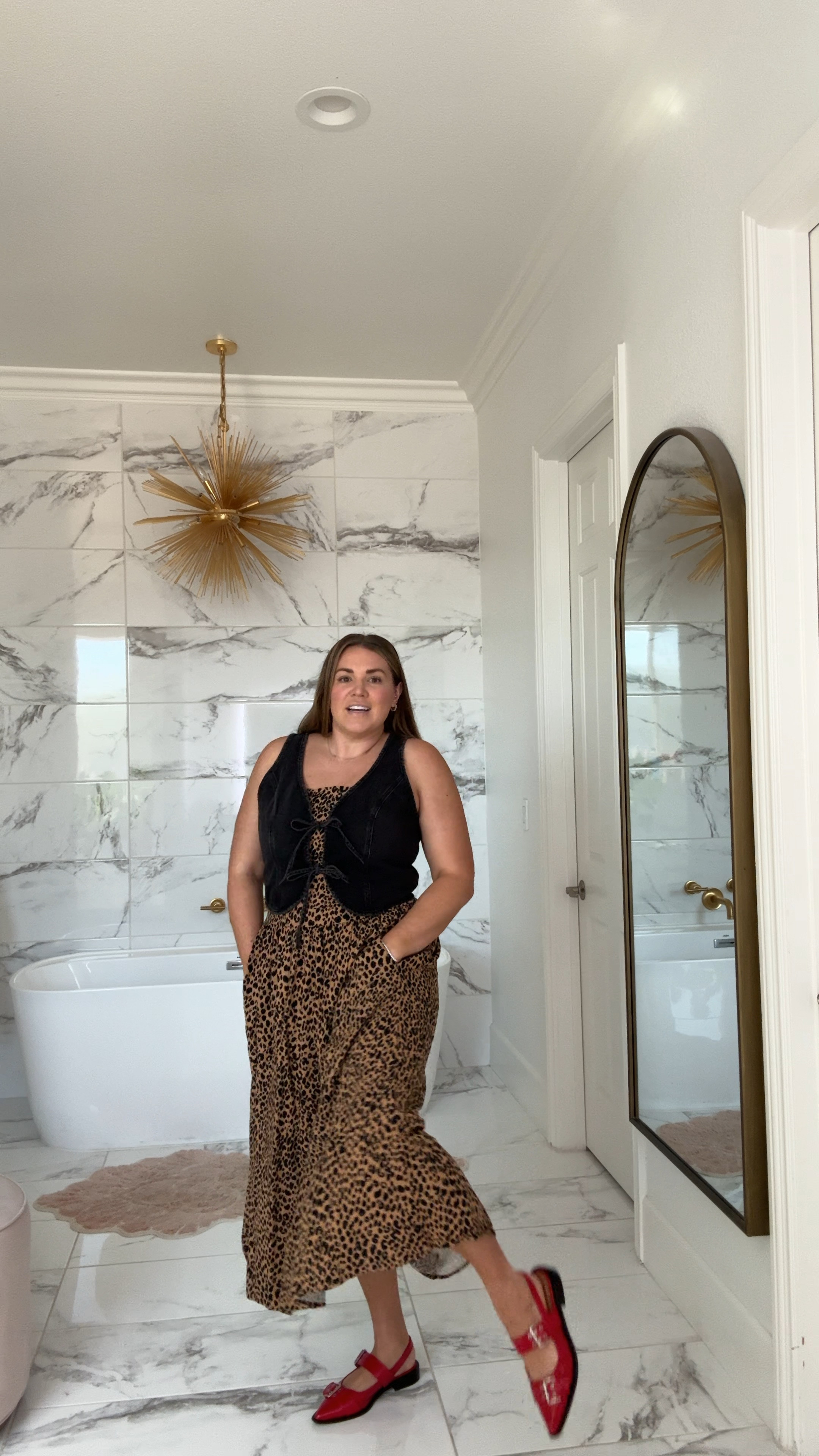 curvy fall transitional outfit! entire look is under $100! wearing size large in leopard maxi dress, size xl in black washed denim vest, and size 8.5 in red flats (size down .5!) 

#LTKSeasonal #LTKFindsUnder50 #LTKMidsize