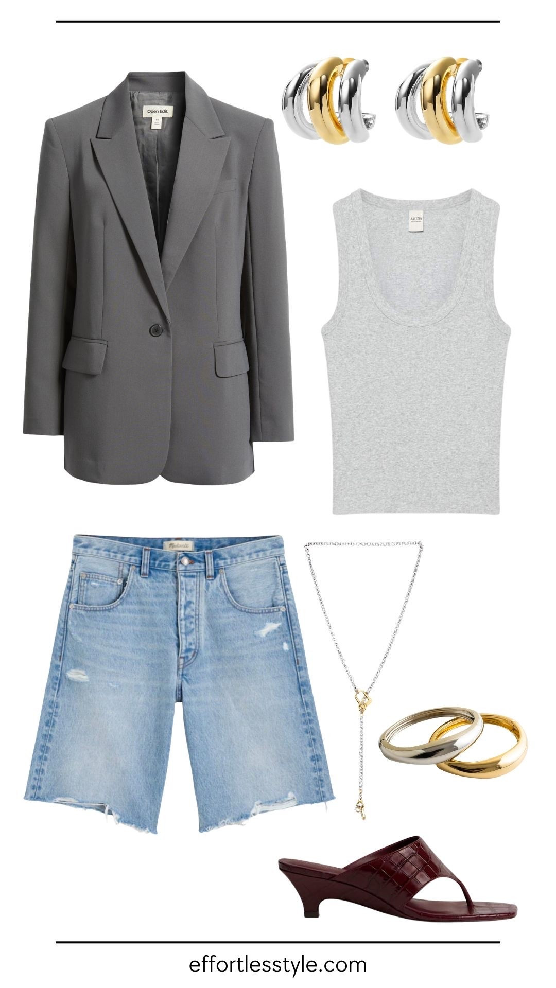Bermuda shorts can absolutely work in more professional settings, depending on your workplace dress code. A gray blazer over a simple tank makes them feel structured and intentional. Distressed light-wash denim shorts keep things fresh and modern. Burgundy slides and layered jewelry add personality while staying workplace appropriate. For more formal environments, a polished black Bermuda short works just as well.

#LTKgrwm #LTKdayinmylife #LTKootd