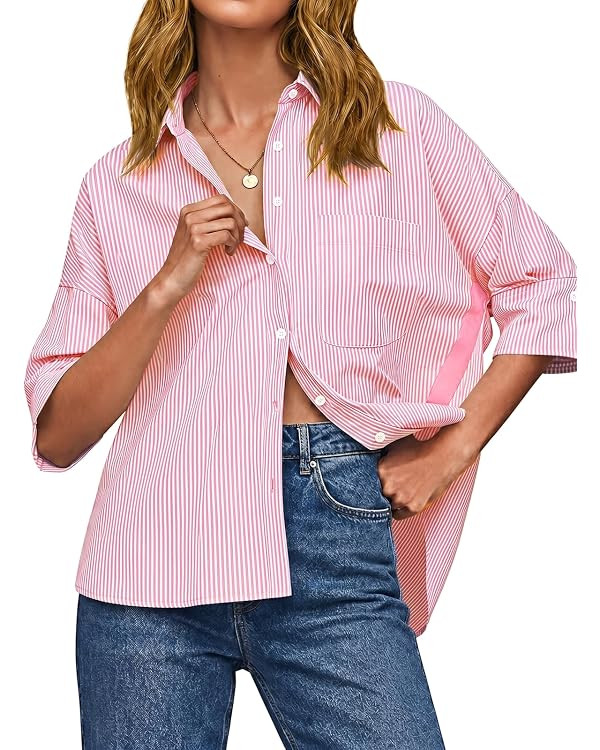 Cicy Bell Womens Summer Oversized Button Down Shirts Half Sleeve V Neck Business Casual High Low ... | Amazon (US)