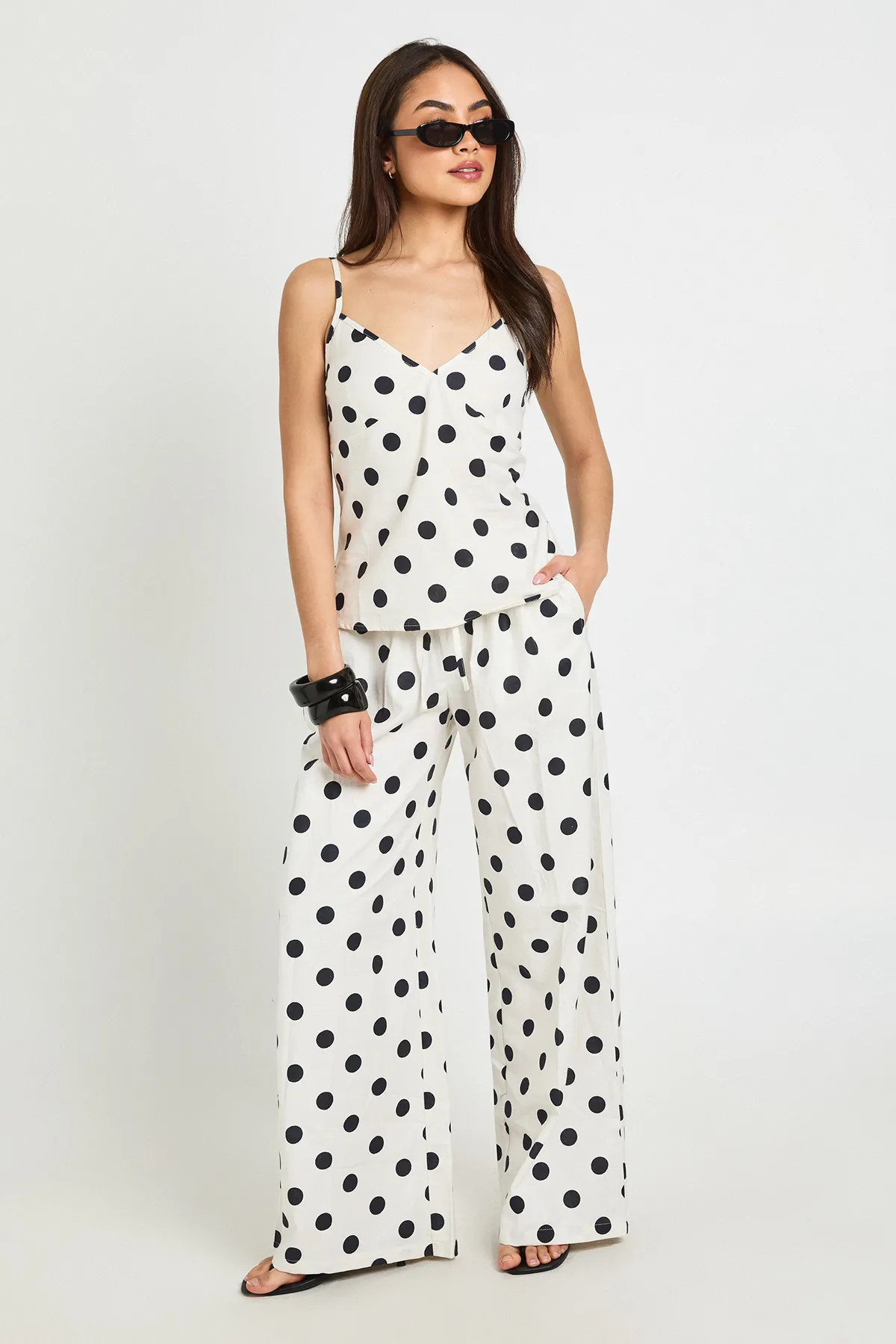White Polka Linen Look Cami & Wide Leg Trouser Co-ord | Boohoo | Boohoo.com (UK & IE)