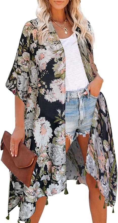 Moss Rose Women's Beach Cover up Swimsuit Kimono with Bohemian Floral Print, Loose Casual Resort ... | Amazon (US)