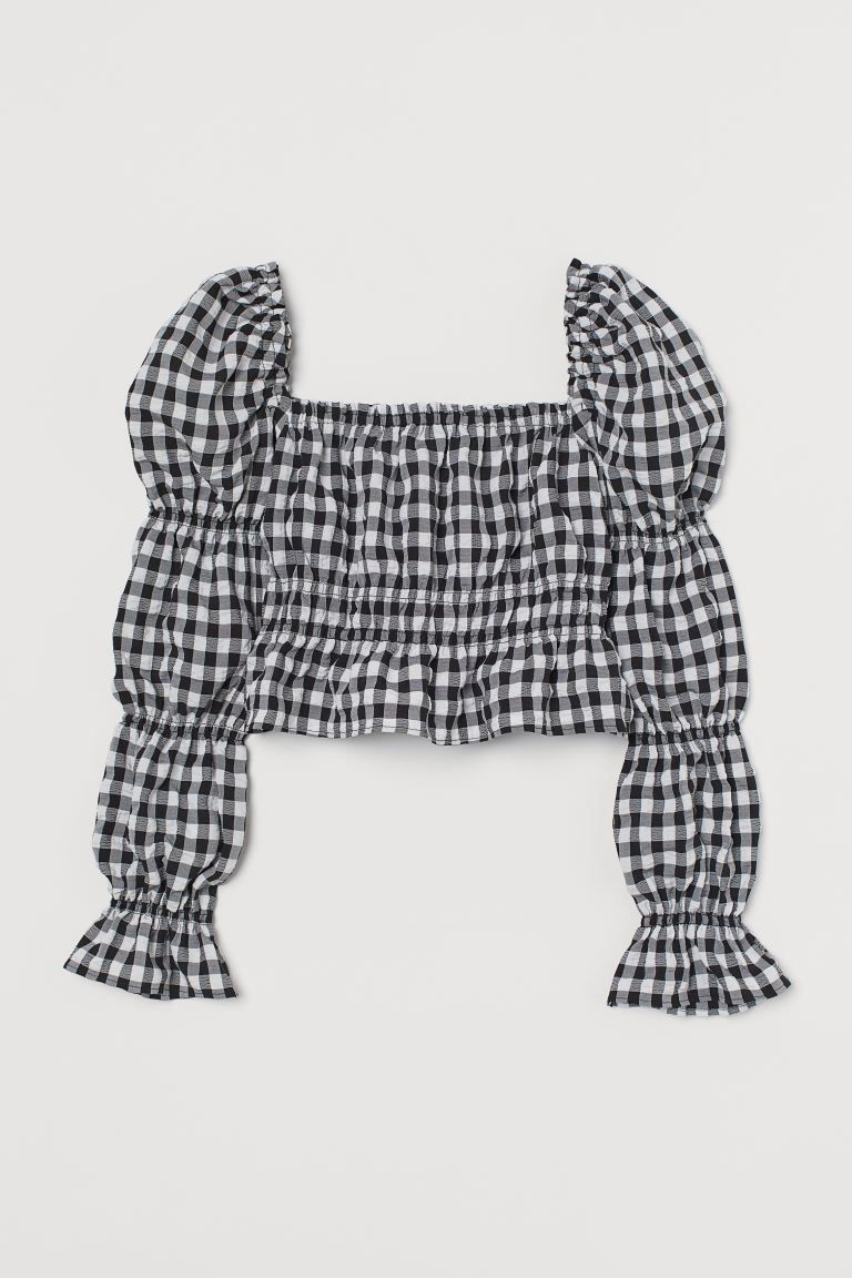 Cropped top in woven fabric. Ruffle-trimmed, square neckline with concealed elastic, long puff sl... | H&M (US + CA)