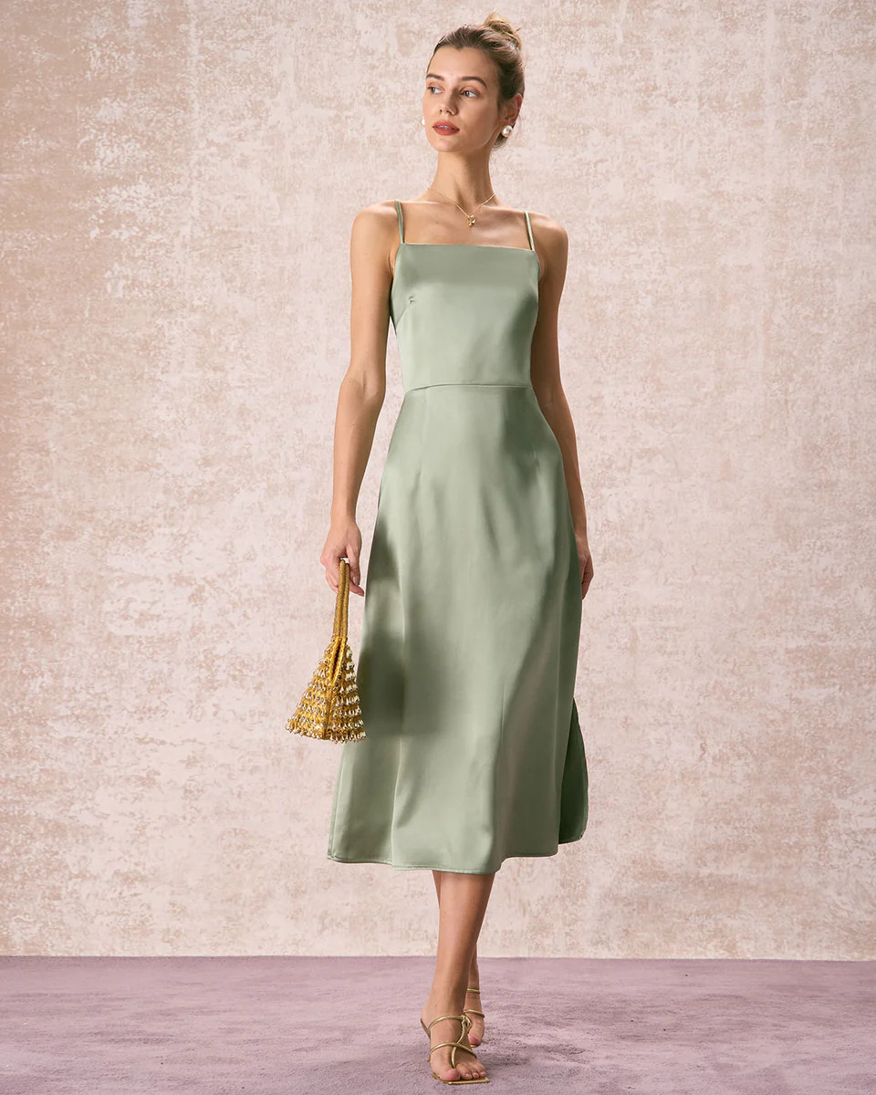 The Green Square Neck Satin Slip Midi Dress & Reviews - Green - Dresses | RIHOAS | rihoas.com