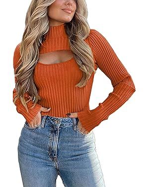 PRETTYGARDEN Women's 2024 Fashion Fall Clothes 2 Piece Cutout Tops Long Sleeve Mock Neck Rib Knit... | Amazon (US)