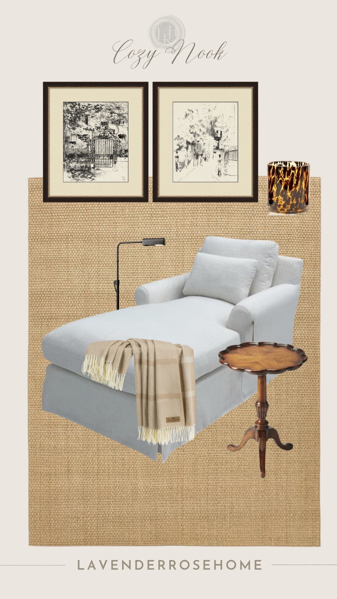 Creating the coziest little reading nook with classic, timeless pieces - a comfortable chaise lounge, neutral rug, sketch art, warm floor lamp, plaid throw, and a touch of tortoise. I love how these pieces come together to create a space that feels collected, layered, and inviting.

#LTKHome