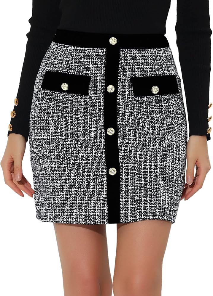 Allegra K Women's Plaid Tweed Contrast Color Button Decor Business Casual Mini Skirt | Amazon (US)