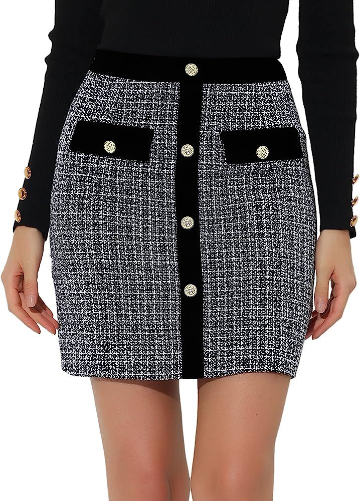 Allegra K Women's Plaid Tweed Contrast Color Button Decor Business Casual Mini Skirt | Amazon (US)