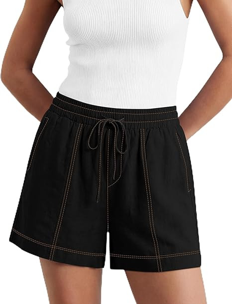 LOMON Women's Casual Linen Shorts Elastic Waisted Drawstring Summer Shorts with Pockets | Amazon (US)