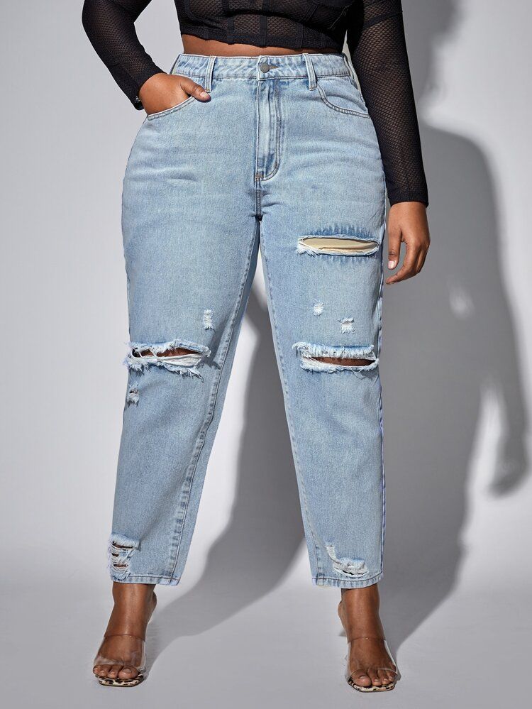 Plus High Waisted Ripped Mom Fit Jeans | SHEIN