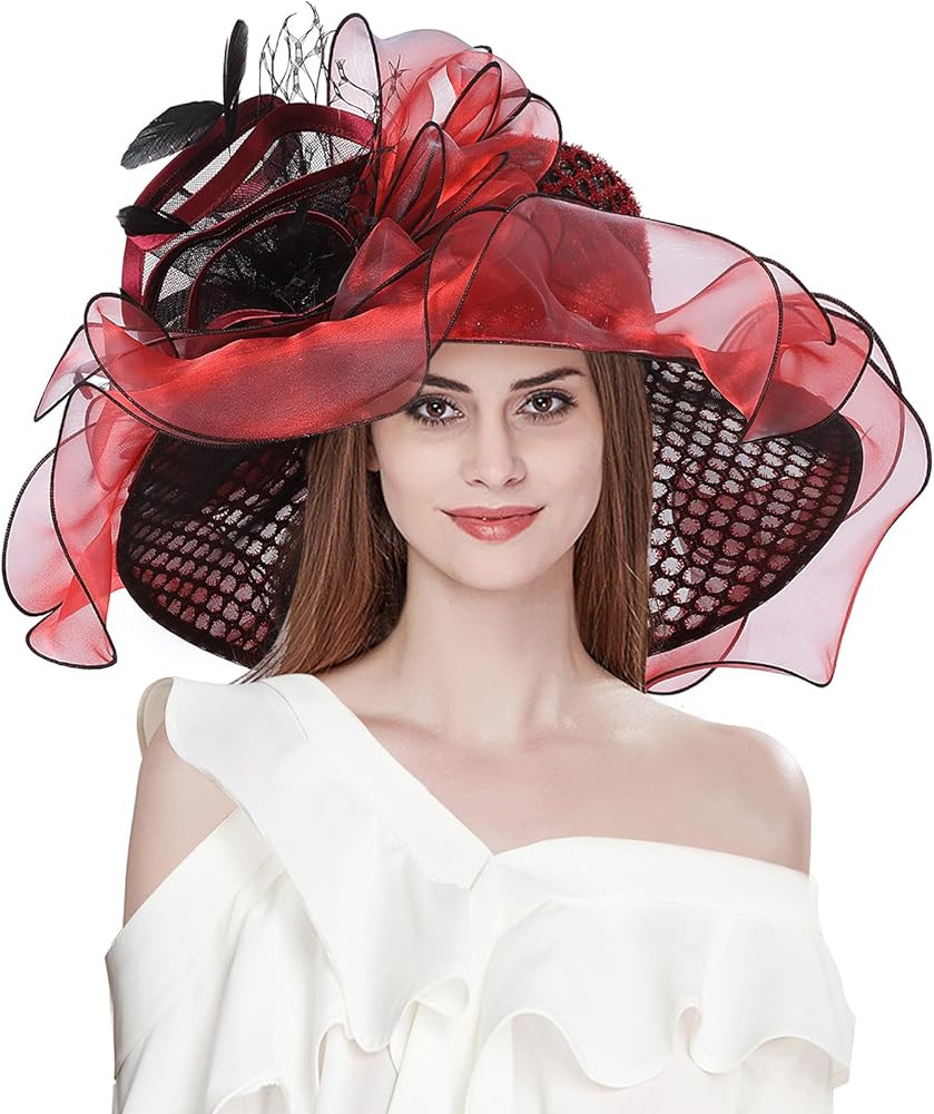 Z&X Women Organza Church Derby Hat Wide Brim Sun Hats for Wedding Tea Party Fascinator Hat, Dual-... | Amazon (US)