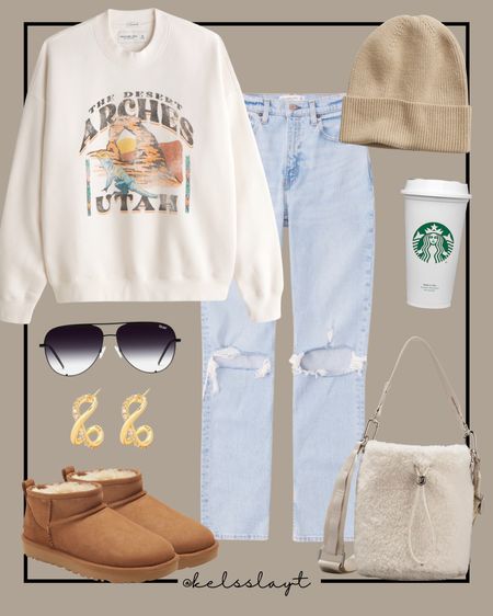 Outfit idea, Abercrombie sweatshirt, Abercrombie jeans, graphic sweatshirt, Ugg booties, Ugg ultra mini, Lululemon bucket bag, beanie 

#LTKstyletip #LTKsalealert #LTKunder50