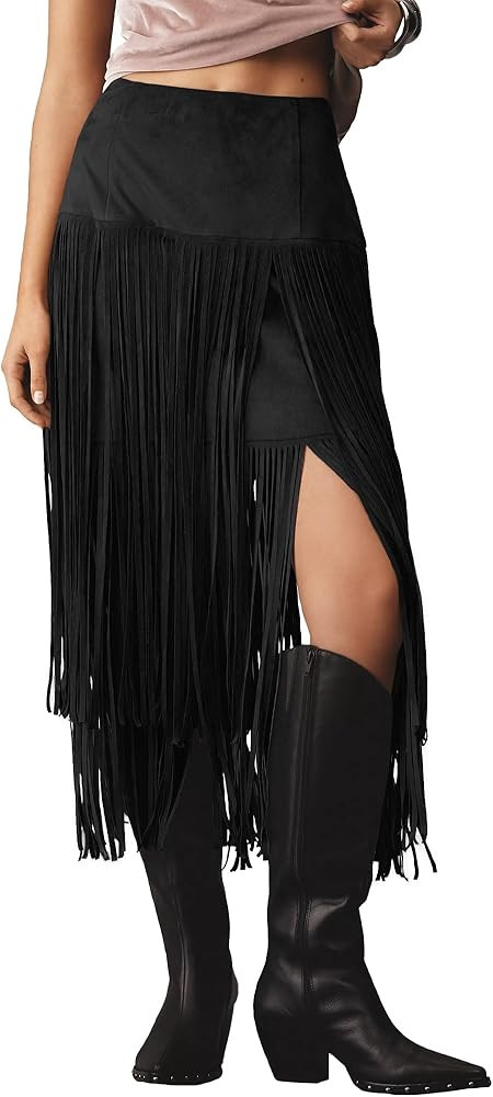 Locachy Womens Faux Suede Fringe Trim Midi Skirt Casual High Waist Bodycon Skirt | Amazon (US)