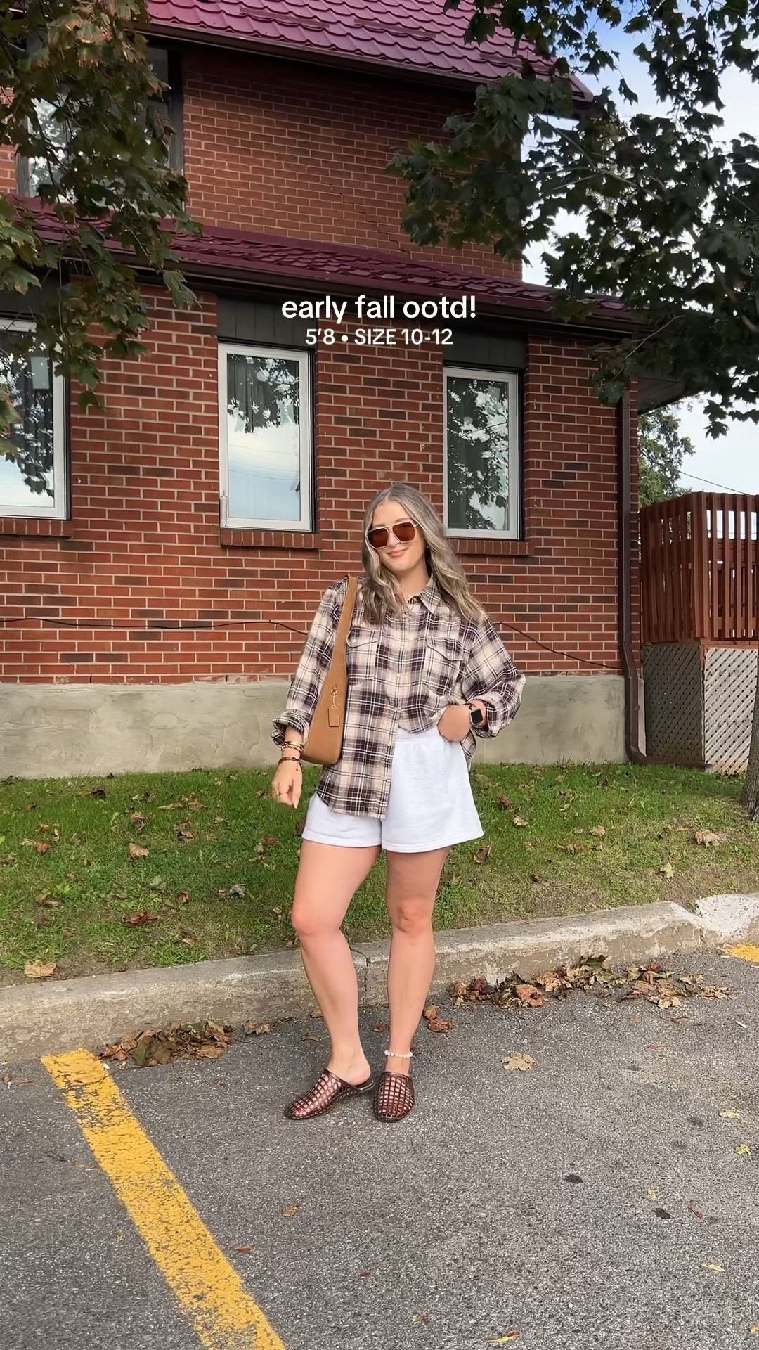 Early fall outift! Flannel is a more fitted style so I sized up to XL for this oversized look. Wearing L in the shorts. I’m a 9.5-10 shoe and wear a 10 in the jelly shoes (exact Canadian shoes link under “similar products”)

#LTKfall #LTKsale #LTKmidsize
