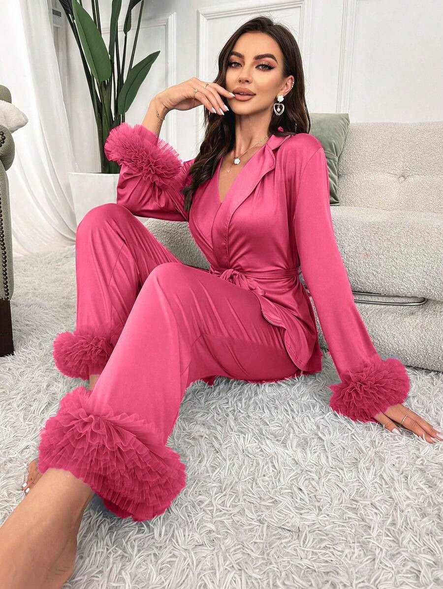 Ladies' Mesh Splice Satin Pajama Set | SHEIN