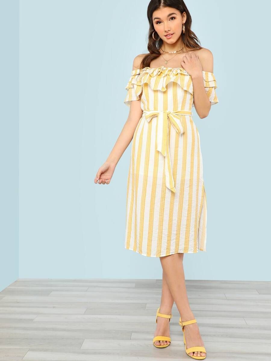 Striped Off Shoulder Ruffle Trim Dress with Tie Waist YELLOW | SHEIN