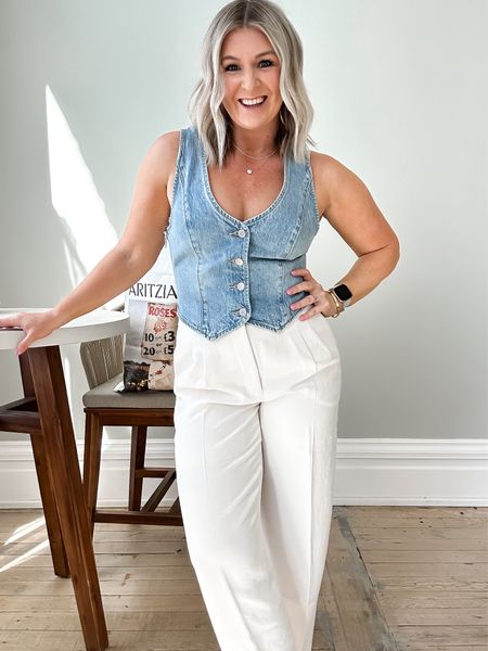 Loving these pieces from Aritzia. Trousers aren’t just for work anymore! Pair them with your favorite denim vest (this one! 😉) for a chic casual look.

Sizing:
Medium in the denim vest
6 short in the trousers in color light birch. I am wearing shapewear for added coverage with the pants being so light in color. 

#LTKstyletip #LTKSeasonal #LTKworkwear