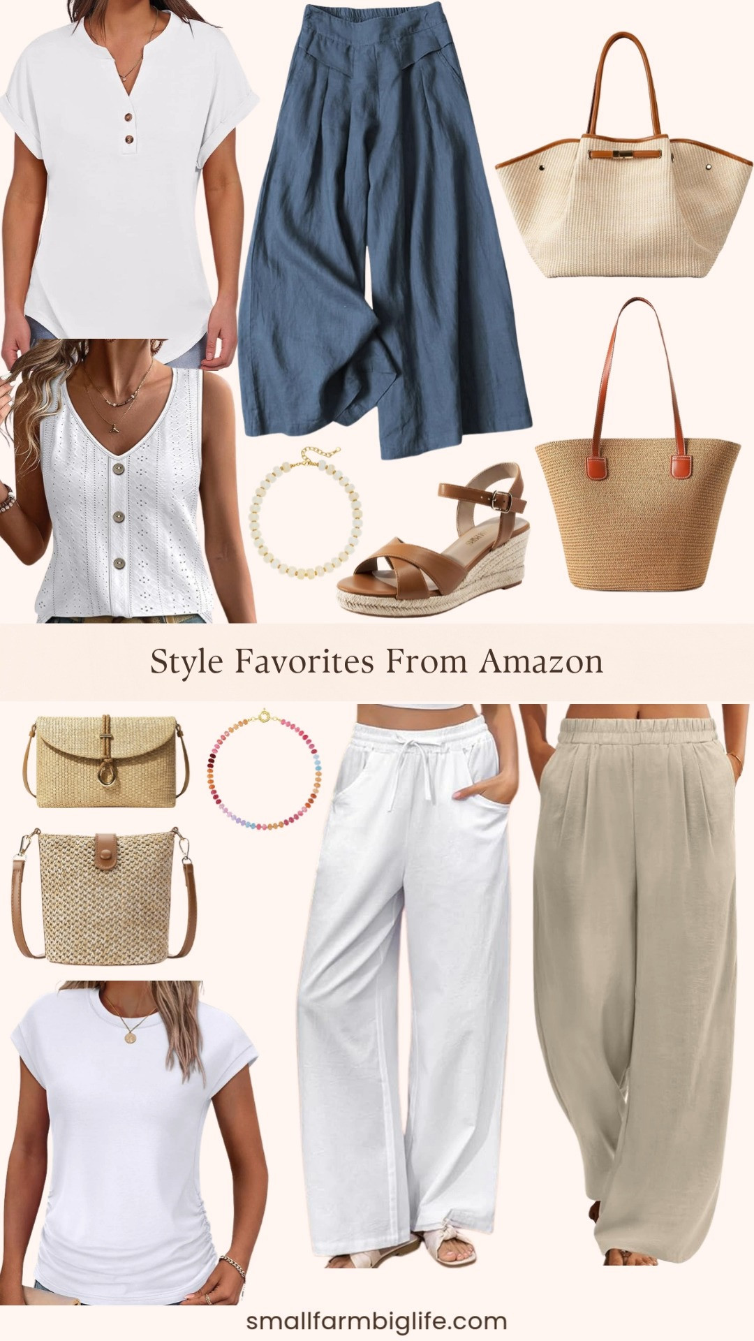 Easy summer style that looks so much more put together than the price tag suggests and every piece is from Amazon. The dusty blue linen culottes and the wide leg linen pants in white and beige are three of my favorite easy summer bottoms right now, and they all pair beautifully with the white henley, ruched cap sleeve tee, or loose casual tank. The straw bags in every size from large tote to small crossbody and woven clutch are the perfect summer carry and the espadrille wedge sandals dress any of these looks up effortlessly. Finish with the chunky beaded necklace or the multicolor gemstone necklace and you have a complete summer outfit for so much less than you would expect. Tap to shop! 

 #LTKgrwm #LTKootd #LTKOver40