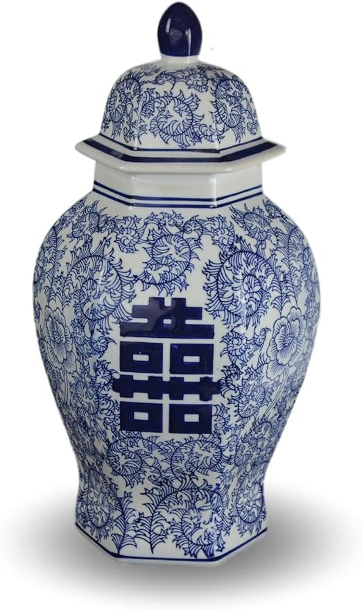 14" Classic Blue and White Porcelain Floral Temple Ginger Jar Vase, China Ming Style, Jingdezhen,... | Amazon (US)
