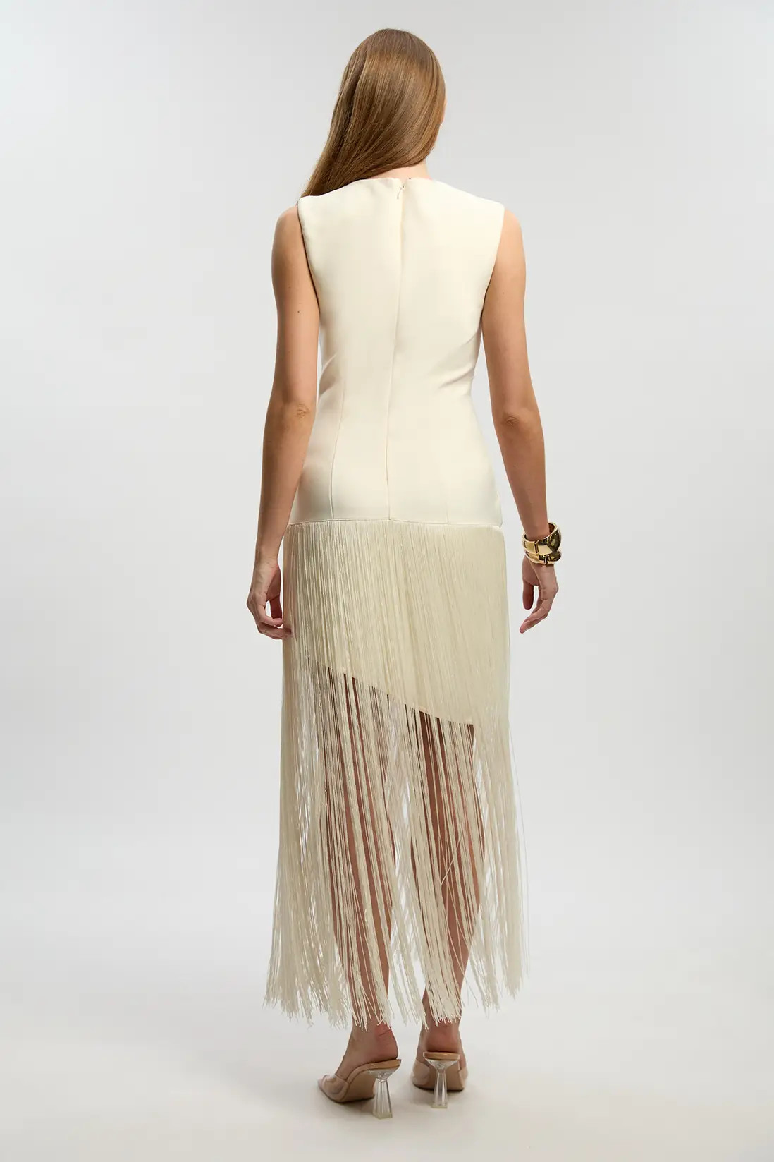Ivory Figure Form Bandage Tassel Hem Knitted Dress | Karen Millen | Karen Millen