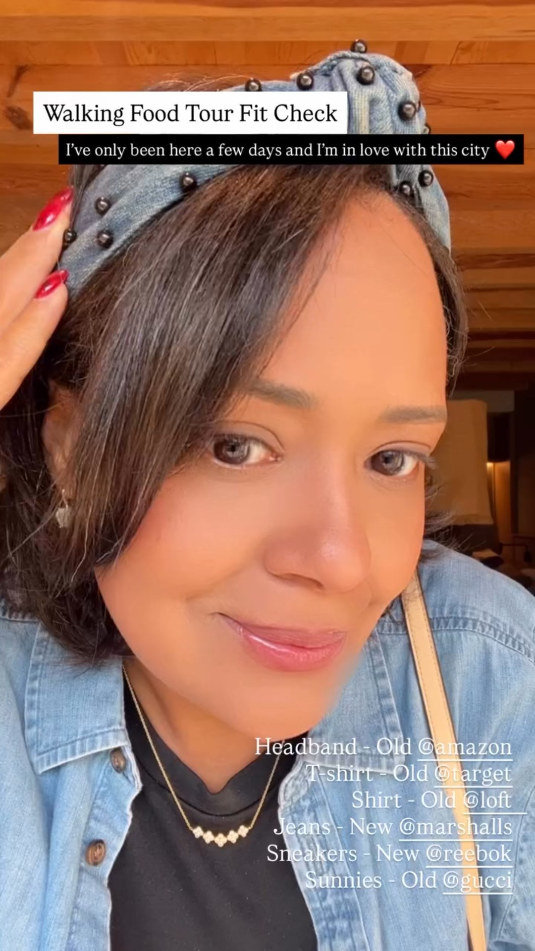 Walking Food Tour Fit Check I’ve only been here a few days and I’m in love with this city ❤️ Headband - Old @amazon 
T-shirt - Old @target 
Shirt - Old @loft 
Jeans - New @marshalls 
Sneakers - New @reebok 
Sunnies - Old @gucci