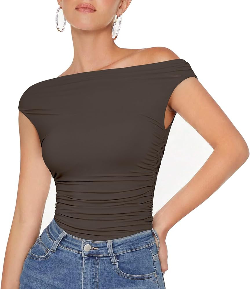 OMKAGI Women One Off Shoulder Y2K Tops Double Lined Slim Fit T Shirts Basic Tees | Amazon (US)